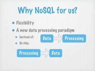 Why NoSQL for us?
Flexibility
A new data processing paradigm
  Instead of:
                Data          Processing
  Do this:


 Processing            Data
 