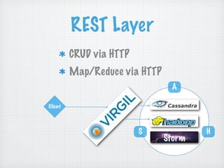REST Layer
         CRUD via HTTP
         Map/Reduce via HTTP
                                A

Client



                         S             H
                               Storm
 