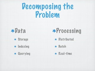 Decomposing the
       Problem
Data         Processing
 Storage     Distributed

 Indexing    Batch

 Querying    Real-time
 