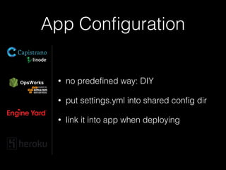 App Conﬁguration
• no predeﬁned way: DIY
• put settings.yml into shared conﬁg dir
• link it into app when deploying
 