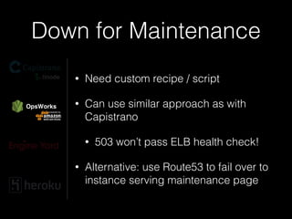 Down for Maintenance
• Need custom recipe / script
• Can use similar approach as with
Capistrano
• 503 won’t pass ELB health check!
• Alternative: use Route53 to fail over to
instance serving maintenance page
 