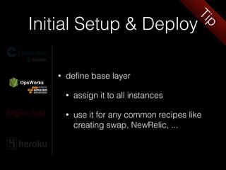 Initial Setup & Deploy
• you need to handle asset compilation
• use deploy hook:
Tip
# deploy/before_migrate.rb
!
rails_en...
