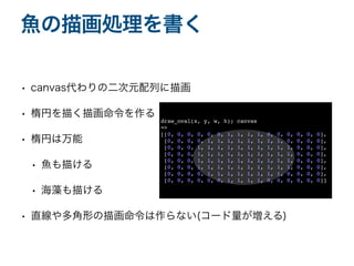 • canvas代わりの二次元配列に描画
• 楕円を描く描画命令を作る
• 楕円は万能
• 魚も描ける
• 海藻も描ける
• 直線や多角形の描画命令は作らない(コード量が増える)
魚の描画処理を書く
draw_oval(x, y, w, h); canva
s

=
>

[[0, 0, 0, 0, 0, 0, 1, 1, 1, 1, 0, 0, 0, 0, 0, 0]
,

[0, 0, 0, 0, 1, 1, 1, 1, 1, 1, 1, 1, 0, 0, 0, 0]
,

[0, 0, 0, 1, 1, 1, 1, 1, 1, 1, 1, 1, 1, 0, 0, 0]
,

[0, 0, 0, 1, 1, 1, 1, 1, 1, 1, 1, 1, 1, 0, 0, 0]
,

[0, 0, 0, 1, 1, 1, 1, 1, 1, 1, 1, 1, 1, 0, 0, 0]
,

[0, 0, 0, 1, 1, 1, 1, 1, 1, 1, 1, 1, 1, 0, 0, 0]
,

[0, 0, 0, 0, 1, 1, 1, 1, 1, 1, 1, 1, 0, 0, 0, 0]
,

[0, 0, 0, 0, 0, 0, 1, 1, 1, 1, 0, 0, 0, 0, 0, 0]]
 