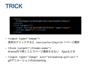 • <input type="image">
通常はクリックすると /action?x=12&y=34 へページ遷移
• <form target="iframe-name">
iframe内で開くことでページ遷移させない Ajaxもどき
• <input type="image" src="streaming-gif-url">
gifアニメーションのstreaming
TRICK
<style>
iframe{opacity:0;height:0;}input{width:252px;}
</style>
<form target="i">
<input src="g0.06344007482554526" type="image">
<iframe name="i"></iframe>
</form>
 