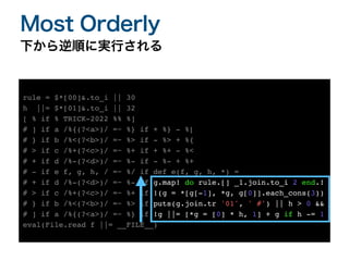 下から逆順に実行される
Most Orderly
rule = $*[00]&.to_i || 3
0

h ||= $*[01]&.to_i || 3
2

[ % if % TRICK-2022 %% %
]

# ] if a /%{(?<a>)/ =~ %} if + %} - %
[

# } if b /%<(?<b>)/ =~ %> if - %> + %
{

# > if c /%+(?<c>)/ =~ %+ if + %+ - %
<

# + if d /%-(?<d>)/ =~ %- if - %- + %
+

# - if e f, g, h, / =~ %/ if def e(f, g, h, *)
=

# + if d /%-(?<d>)/ =~ %- if g.map! do rule.[] _1.join.to_i 2 end.
!

# > if c /%+(?<c>)/ =~ %+ if !(g = *[g[-1], *g, g[0]].each_cons(3)
)

# } if b /%<(?<b>)/ =~ %> if puts(g.join.tr '01', ' #') || h > 0 &
&

# ] if a /%{(?<a>)/ =~ %} if !g ||= [*g = [0] * h, 1] + g if h -= 1
eval(File.read f ||= __FILE__)
 