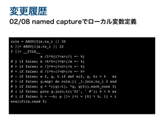 02/08 named captureでローカル変数定義
変更履歴
rule = ARGV[0]&.to_i || 3
0

h ||= ARGV[1]&.to_i || 3
2

f ||= __FILE_
_

a /l*%{(?<a>)/i =~ %
[

# } if false; b /k*%<(?<b>)/m =~ %
(

# > if false; c /j*%+(?<c>)/n =~ %
}

# + if false; d /i*%-(?<d>)/o =~ %
>

# - if false; e f, g, h if def e(f, g, h) = % &
&

# > if false; g.map! do rule.[] _1.join.to_i 2 en
d

# } if false; g = *([g[-1], *g, g[0]].each_cons 3
)

# ) if false; puts g.join.tr('01', ' #'); 0 < h &
&

# ] if false; h = ~-h; g ||= [*i = [0] * h, 1] +
i

eval(File.read f)
 