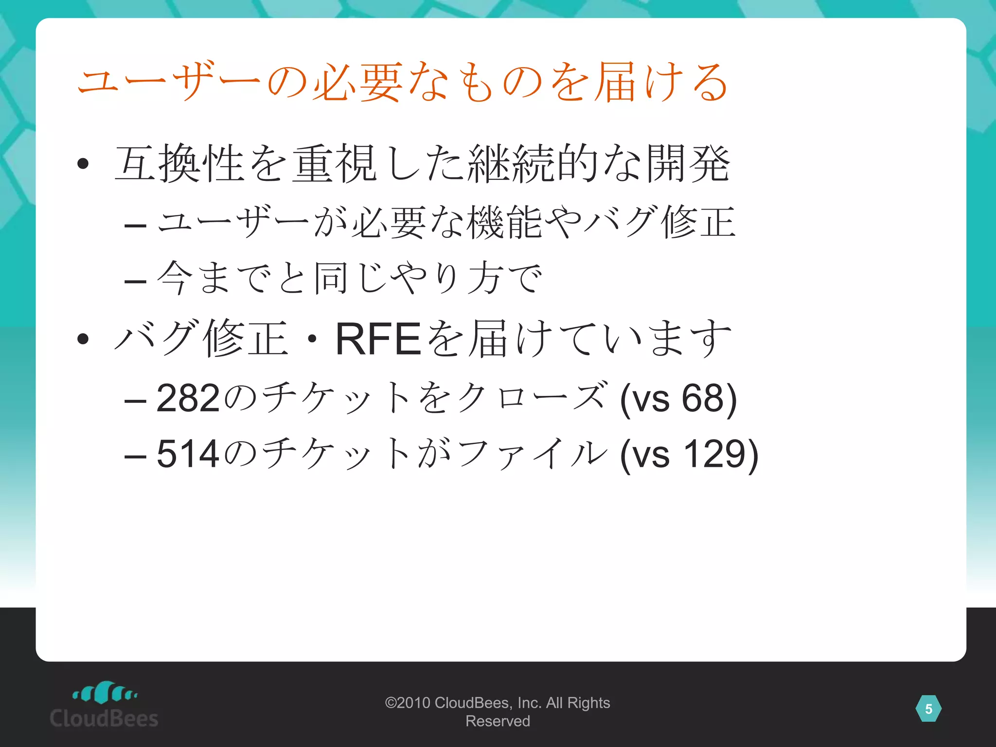ユーザーの必要なものを届ける互換性を重視した継続的な開発ユーザーが必要な機能やバグ修正今までと同じやり方でバグ修正・RFEを届けています282のチケットをクローズ (vs68)514のチケットがファイル (vs 129)