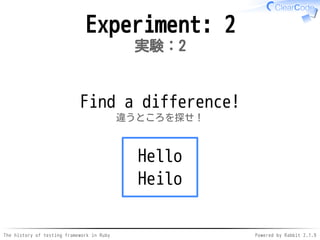 The history of testing framework in Ruby Powered by Rabbit 2.1.9
Experiment: 2
実験：2
Find a difference!
違うところを探せ！
Hello
Heilo
 