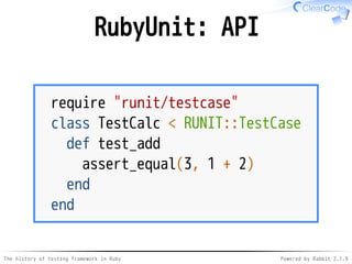 The history of testing framework in Ruby Powered by Rabbit 2.1.9
RubyUnit: API
require "runit/testcase"
class TestCalc < RUNIT::TestCase
def test_add
assert_equal(3, 1 + 2)
end
end
 