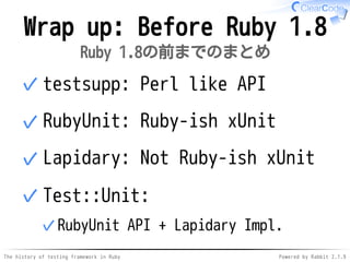 The history of testing framework in Ruby Powered by Rabbit 2.1.9
Wrap up: Before Ruby 1.8
Ruby 1.8の前までのまとめ
testsupp: Perl like API✓
RubyUnit: Ruby-ish xUnit✓
Lapidary: Not Ruby-ish xUnit✓
Test::Unit:
RubyUnit API + Lapidary Impl.✓
✓
 