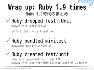 The history of testing framework in Ruby Powered by Rabbit 2.1.9
Wrap up: Ruby 1.9 times
Ruby 1.9時代のまとめ
Ruby dropped Test::Unit
RubyがTest::Unitを捨てた
Test::Unit → test-unit gem✓
✓
Ruby bundled minitest
Rubyはminitestをバンドルした
✓
Ruby created test/unit
(test/unit provided Test::Unit API)
RubyはTest::Unit APIを提供するtest/unitを新しく作った
✓
 