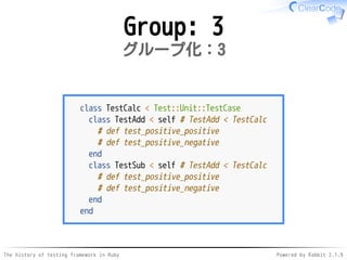 The history of testing framework in Ruby Powered by Rabbit 2.1.9
Group: 3
グループ化：3
class TestCalc < Test::Unit::TestCase
class TestAdd < self # TestAdd < TestCalc
# def test_positive_positive
# def test_positive_negative
end
class TestSub < self # TestAdd < TestCalc
# def test_positive_positive
# def test_positive_negative
end
end
 