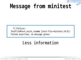 The history of testing framework in Ruby Powered by Rabbit 2.1.9
Message from minitest
1) Failure:
TestFile#test_exist_readme [test-file-minitest.rb:5]:
Failed assertion, no message given.
Less information
 