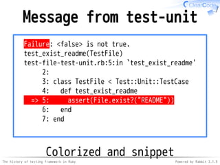 The history of testing framework in Ruby Powered by Rabbit 2.1.9
Message from test-unit
Failure: <false> is not true.
test_exist_readme(TestFile)
test-file-test-unit.rb:5:in `test_exist_readme'
2:
3: class TestFile < Test::Unit::TestCase
4: def test_exist_readme
=> 5: assert(File.exist?("README"))
6: end
7: end
Colorized and snippet
 