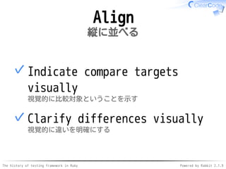 The history of testing framework in Ruby Powered by Rabbit 2.1.9
Align
縦に並べる
Indicate compare targets
visually
視覚的に比較対象ということを示す
✓
Clarify differences visually
視覚的に違いを明確にする
✓
 