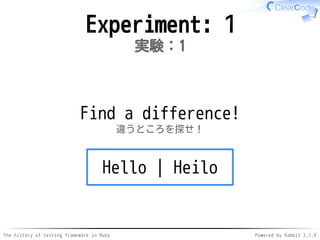 The history of testing framework in Ruby Powered by Rabbit 2.1.9
Experiment: 1
実験：1
Find a difference!
違うところを探せ！
Hello | Heilo
 