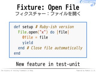 The history of testing framework in Ruby Powered by Rabbit 2.1.9
Fixture: Open File
フィクスチャー：ファイルを開く
def setup # Ruby-ish v...
