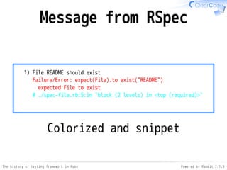 The history of testing framework in Ruby Powered by Rabbit 2.1.9
Message from RSpec
1) File README should exist
Failure/Er...