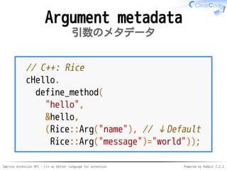 Improve extension API - C++ as better language for extension Powered by Rabbit 2.2.2
Argument metadata
引数のメタデータ
// C++: Rice
cHello.
define_method(
"hello",
&hello,
(Rice::Arg("name"), // ↓Default
Rice::Arg("message")="world"));
 