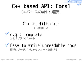 Improve extension API - C++ as better language for extension Powered by Rabbit 2.2.2
C++ based API: Cons1
C++ベースのAPI：短所1
C...