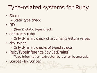 Type-related systems for Ruby
• Steep
– Static type check
• RDL
– (Semi) static type check
• contracts.ruby
– Only dynamic check of arguments/return values
• dry-types
– Only dynamic checks of typed structs
• RubyTypeInference (by JetBrains)
– Type information extractor by dynamic analysis
• Sorbet (by Stripe)
 