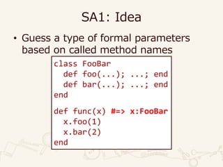 SA1: Idea
• Guess a type of formal parameters
based on called method names
class FooBar
def foo(...); ...; end
def bar(...); ...; end
end
def func(x) #=> x:FooBar
x.foo(1)
x.bar(2)
end
 