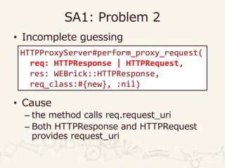 SA1: Problem 2
• Incomplete guessing
• Cause
– the method calls req.request_uri
– Both HTTPResponse and HTTPRequest
provides request_uri
HTTPProxyServer#perform_proxy_request(
req: HTTPResponse | HTTPRequest,
res: WEBrick::HTTPResponse,
req_class:#{new}, :nil)
 