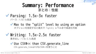 Better CSV processingwith Ruby 2.6 Powered by Rabbit 3.0.0
Summary: Performance
まとめ：性能
Parsing: 1.5x-3x faster
パース：1.5x-3x高速
Max to the "split" level by using an option
オプションを指定すると最大で「split」レベルまで高速化可能
✓
✓
Writing: 1.5x-2.5x faster
書き出し：1.5x-2.5x高速
Use CSV#<< than CSV.generate_line
CSV.generate_lineよりもCSV#<<を使うこと
✓
✓
 