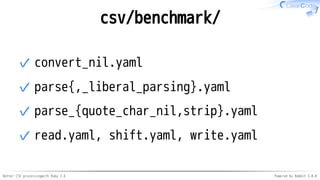 Better CSV processingwith Ruby 2.6 Powered by Rabbit 3.0.0
csv/benchmark/
convert_nil.yaml✓
parse{,_liberal_parsing}.yaml✓
parse_{quote_char_nil,strip}.yaml✓
read.yaml, shift.yaml, write.yaml✓
 