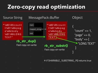 1 1 0 1 0 1 0 1
1 0 1 1 0 0 1 0
1 0 1 0 0 1 1 0
1 1 0 0 1 1 1 0
1 1 0 0 1 1 1 0
1 0 0 0 0 1 1 0
1 1 1 0 0 1 1 0
1 0 1 0 0 1 1 0
0 0 0 0 1 0 1 0
1 0 0 0 0 1 1 0
Zero-copy read optimization
MessagePack::Buffer
next
mapped_string
mem
Object
{
“count” => 1,
“page” => 0,
“body” => [
“LONG TEXT”
]
]
rb_str_substr()
Fast copy-on-write
x83 A5 c o u n t
t x01 xA4 p a g
e xA4 b o d y
x91 A9 L O N G 
T E X T ”
“
※ if SHARABLE_SUBSTRING_P() returns true
x83 A5 c o u n t
t x01 xA4 p a g
e xA4 b o d y
x91 A9 L O N G 
T E X T ”
Source String
“
rb_str_dup()
Fast copy-on-write
 
