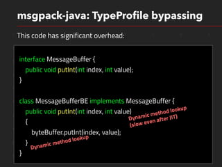 1 1 0 1 0 1 0 1
1 0 1 1 0 0 1 0
1 0 1 0 0 1 1 0
1 1 0 0 1 1 1 0
1 1 0 0 1 1 1 0
1 0 0 0 0 1 1 0
1 1 1 0 0 1 1 0
1 0 1 0 0 1 1 0
0 0 0 0 1 0 1 0
1 0 0 0 0 1 1 0
msgpack-java: TypeProﬁle bypassing
interface MessageBuffer {
public void putInt(int index, int value);
}
class MessageBufferBE implements MessageBuffer {
public void putInt(int index, int value)
{
byteBuffer.putInt(index, value);
}
}
This code has significant overhead:
Dynamic method lookup 
(slow even after JIT)
Dynamic method lookup
 