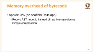 Memory overhead of bytecode
• Approx. 3% (on scaffold Rails app)
• Record AST node_id instead of raw linenos/columns
• Simple compression
36
 