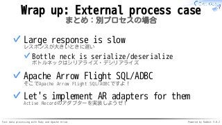 Fast data processing with Ruby and Apache Arrow Powered by Rabbit 3.0.2
Wrap up: External process case
まとめ：別プロセスの場合
Large response is slow
レスポンスが大きいときに遅い
Bottle neck is serialize/deserialize
ボトルネックはシリアライズ・デシリアライズ
✓
✓
Apache Arrow Flight SQL/ADBC
そこでApache Arrow Flight SQL/ADBCですよ！
✓
Let's implement AR adapters for them
Active Recordのアダプターを実装しようぜ！
✓
 