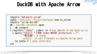 Fast data processing with Ruby and Apache Arrow Powered by Rabbit 3.0.2
DuckDB with Apache Arrow
require "datasets-arrow"
codes = Datasets::PostalCodeJapan.new.to_arrow
require "arrow-duckdb"
db = DuckDB::Database.open
c = db.connect
c.register("codes", codes) do # Use Apache Arrow data as-is
c.query("SELECT * FROM codes WHERE prefecture = ?",
"東京都", # Tokyo
output: :arrow) # Output as Apache Arrow data
.to_table # C data interface
end
 