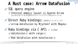 Fast data processing with Ruby and Apache Arrow Powered by Rabbit 3.0.2
A Rust case: Arrow DataFusion
SQL query engine
Internal memory layout is Apache Arrow
DuckDBと似ているが内部のメモリーレイアウトはApache Arrow
✓
✓
Direct Ruby bindings:（直接のバインディング）
arrow-datafusion by @jychen7 with Magnus
✓
✓
Ruby bindings via C API:（C API経由）
datafusion-c with cargo-c
✓
Red DataFusion with datafusion-c
✓
✓
 