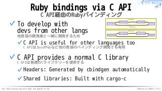 Fast data processing with Ruby and Apache Arrow Powered by Rabbit 3.0.2
Ruby bindings via C API
C API経由のRubyバインディング
Negative spiral
Positive spiral
Apache Arrow
Larger community More users
More developers More useful tools
Small community Few users
Few developers Few useful tools
To develop with
devs from other langs
他言語の開発者と一緒に開発するため
C API is useful for other languages too
C APIはJavaやGoなど他の言語のバインディング開発でも有用
✓
✓
C API provides a normal C library
C APIは普通のCライブラリーを提供する
Headers: Generated by cbindgen automatically
✓
Shared libraries: Built with cargo-c
✓
✓
 