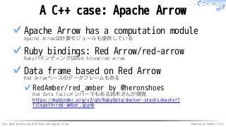 Fast data processing with Ruby and Apache Arrow Powered by Rabbit 3.0.2
A C++ case: Apache Arrow
Apache Arrow has a comput...