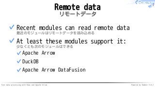 Fast data processing with Ruby and Apache Arrow Powered by Rabbit 3.0.2
Remote data
リモートデータ
Recent modules can read remote...