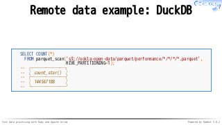 Fast data processing with Ruby and Apache Arrow Powered by Rabbit 3.0.2
Remote data example: DuckDB
SELECT COUNT(*)
FROM p...