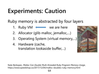 Experiments: Caution
Ruby memory is abstracted by four layers
1. Ruby VM we are here
2. Allocator (glib malloc, jemalloc,…)
3. Operating System (virtual memory,…)
4. Hardware (cache,
translation lookaside buffer,…)
64
Nate Berkopec, Malloc Can Double Multi-threaded Ruby Program Memory Usage,
https://www.speedshop.co/2017/12/04/malloc-doubles-ruby-memory.html
 