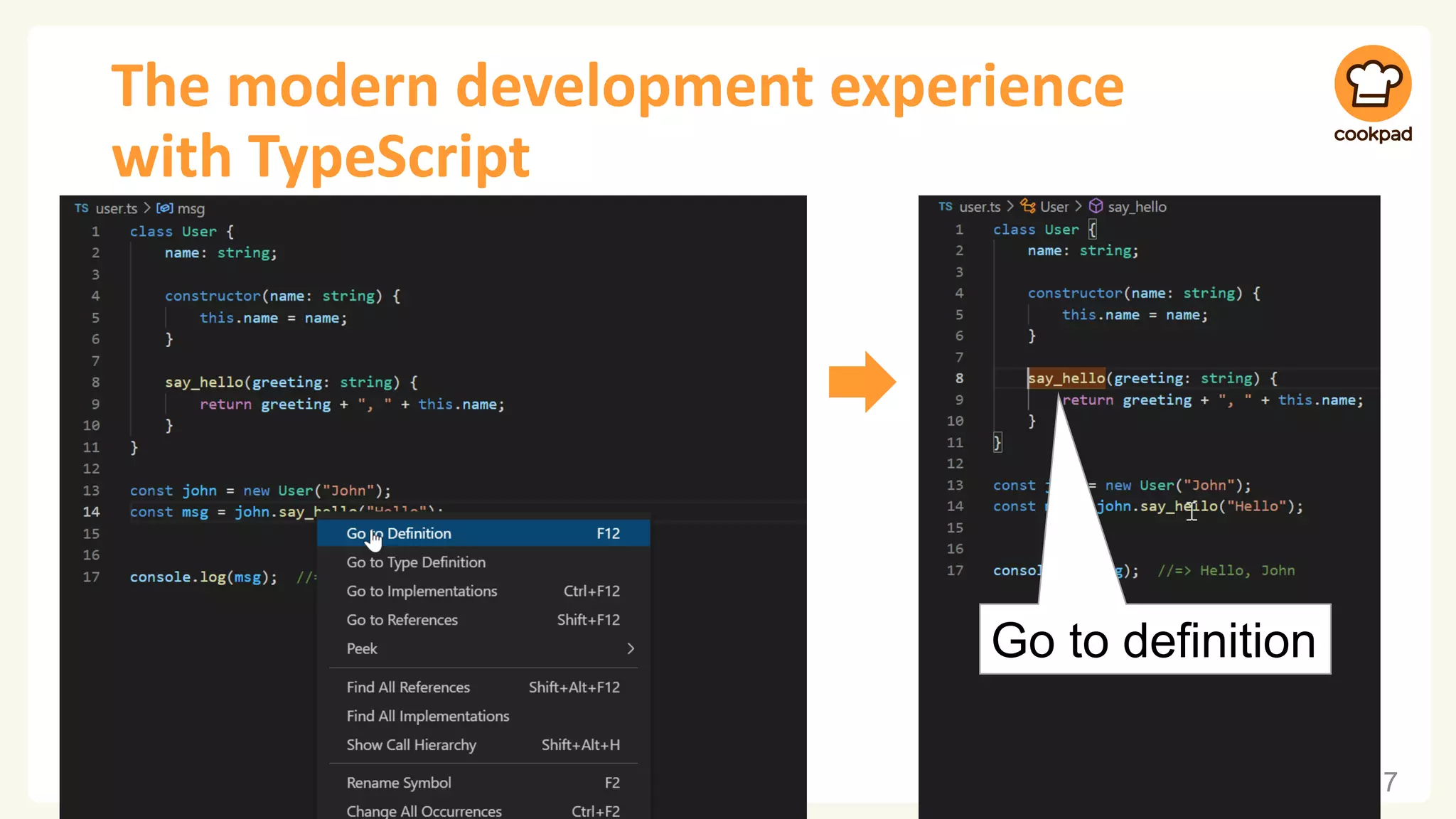 The modern development experience
with TypeScript
7
Go to definition
 