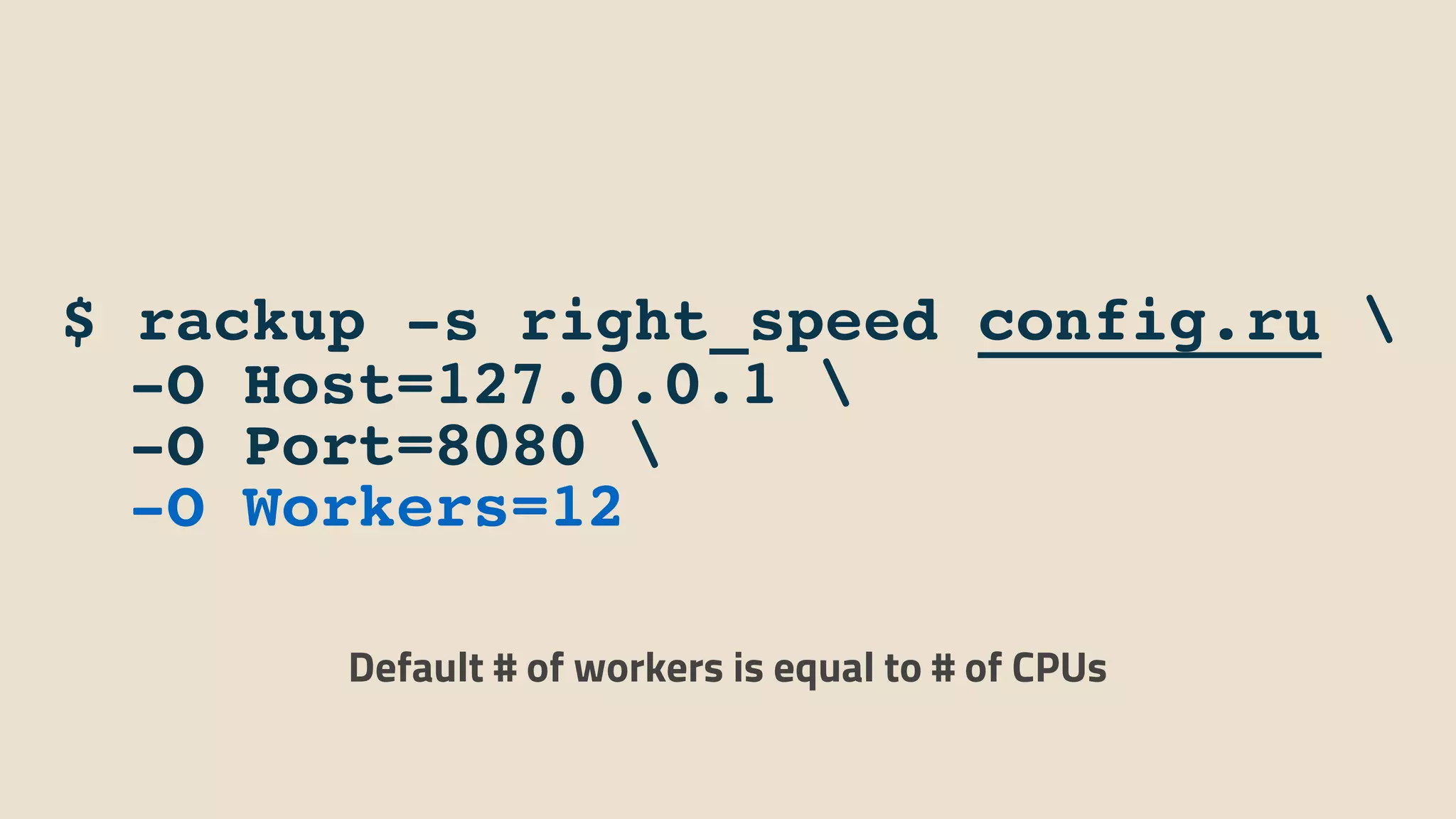 $ rackup -s right_speed config.ru


-O Host=127.0.0.1


-O Port=8080


-O Workers=12
Default # of workers is equal to # of CPUs
 