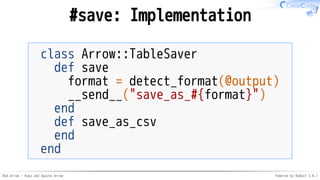 Red Arrow - Ruby and Apache Arrow Powered by Rabbit 3.0.1
#save: Implementation
class Arrow::TableSaver
def save
format = detect_format(@output)
__send__("save_as_#{format}")
end
def save_as_csv
end
end
 