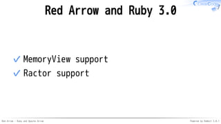 Red Arrow - Ruby and Apache Arrow Powered by Rabbit 3.0.1
Red Arrow and Ruby 3.0
MemoryView support
✓
Ractor support
✓
 