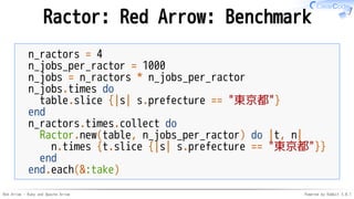 Red Arrow - Ruby and Apache Arrow Powered by Rabbit 3.0.1
Ractor: Red Arrow: Benchmark
n_ractors = 4
n_jobs_per_ractor = 1000
n_jobs = n_ractors * n_jobs_per_ractor
n_jobs.times do
table.slice {|s| s.prefecture == "東京都"}
end
n_ractors.times.collect do
Ractor.new(table, n_jobs_per_ractor) do |t, n|
n.times {t.slice {|s| s.prefecture == "東京都"}}
end
end.each(&:take)
 