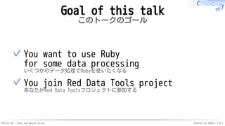 Red Arrow - Ruby and Apache Arrow Powered by Rabbit 3.0.1
Goal of this talk
このトークのゴール
You want to use Ruby
for some data processing
いくつかのデータ処理でRubyを使いたくなる
✓
You join Red Data Tools project
あなたがRed Data Toolsプロジェクトに参加する
✓
 