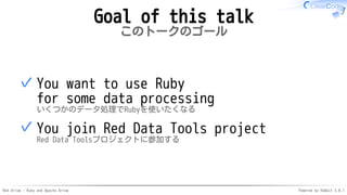 Red Arrow - Ruby and Apache Arrow Powered by Rabbit 3.0.1
Goal of this talk
このトークのゴール
You want to use Ruby
for some data processing
いくつかのデータ処理でRubyを使いたくなる
✓
You join Red Data Tools project
Red Data Toolsプロジェクトに参加する
✓
 