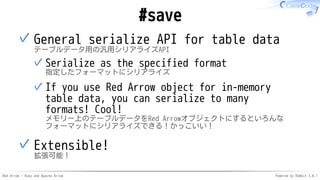 Red Arrow - Ruby and Apache Arrow Powered by Rabbit 3.0.1
#save
General serialize API for table data
テーブルデータ用の汎用シリアライズAPI
...