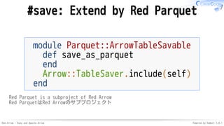 Red Arrow - Ruby and Apache Arrow Powered by Rabbit 3.0.1
#save: Extend by Red Parquet
module Parquet::ArrowTableSavable
d...