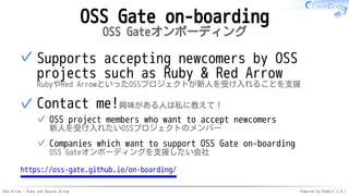 Red Arrow - Ruby and Apache Arrow Powered by Rabbit 3.0.1
OSS Gate on-boarding
OSS Gateオンボーディング
Supports accepting newcome...